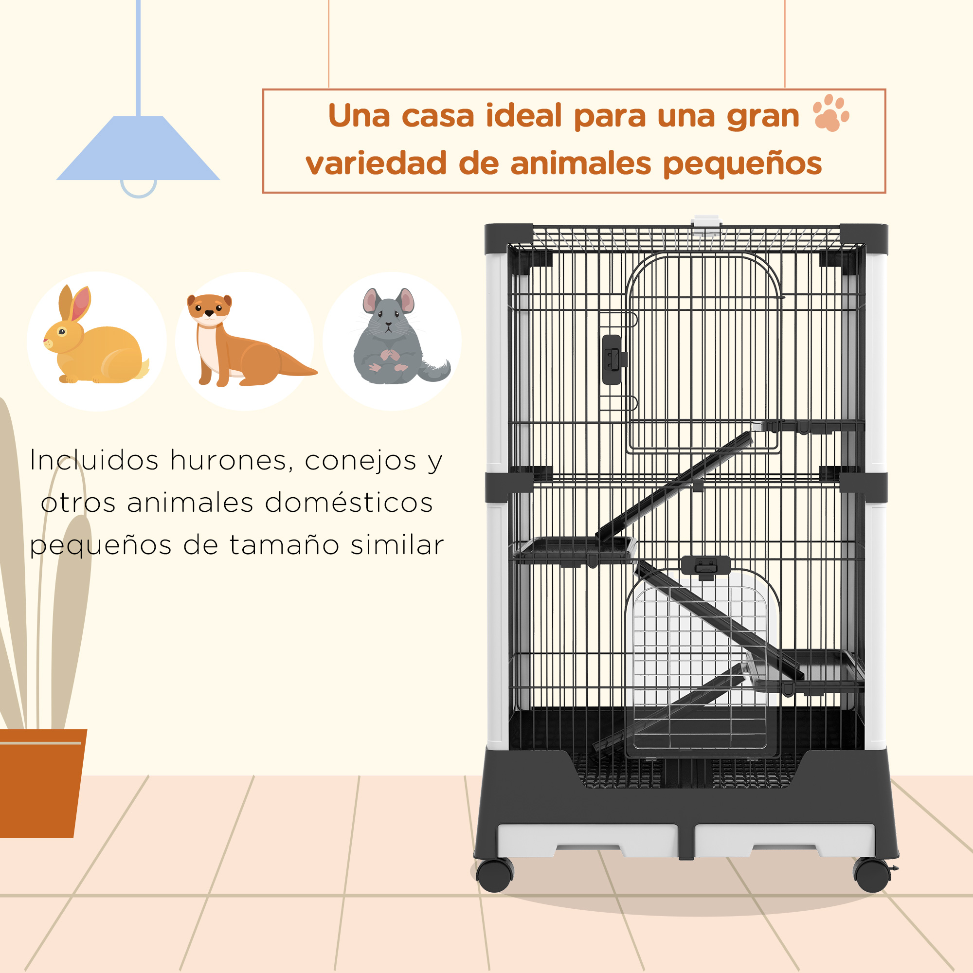 Gaiola PawHut para pequenos animais com rodas, 114x75x50 cm, com 3 plataformas, 3 rampas e bandejas removíveis para furões e coelhos, preta.
