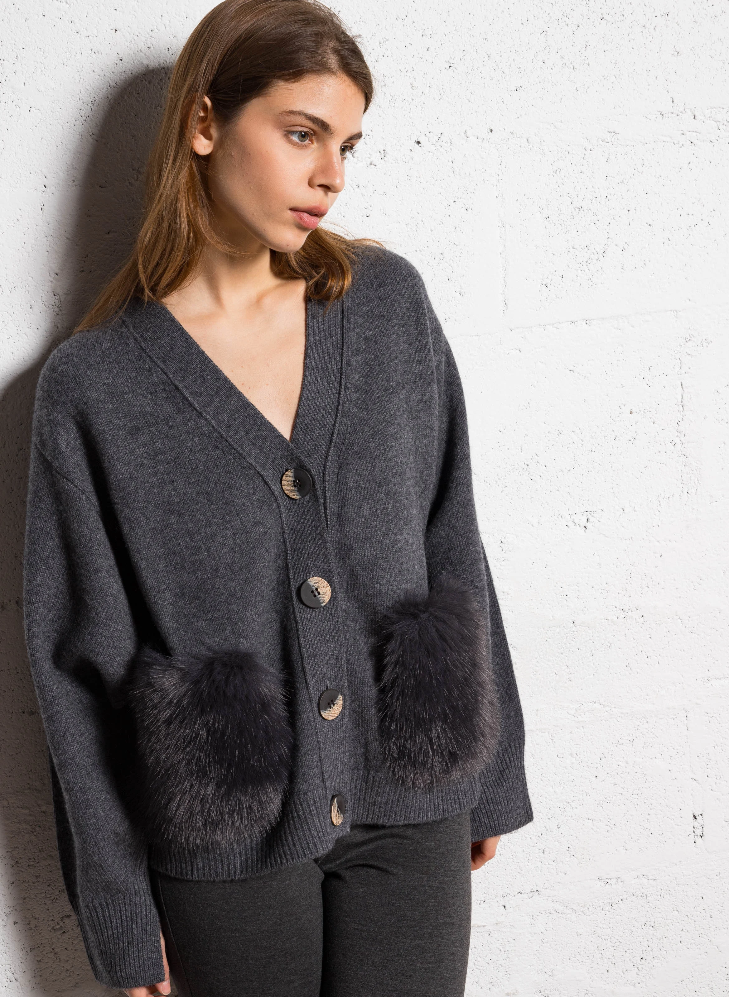 GREGORIA - Cardigan effet fourrure en laine et cachemire | Noir