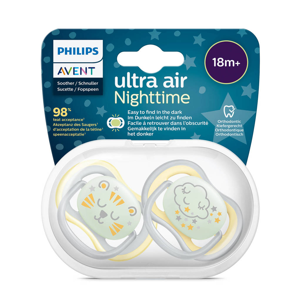 Schattige spenen met glow in the darkfopspeen 18M+ 2 stuks SCF376/01