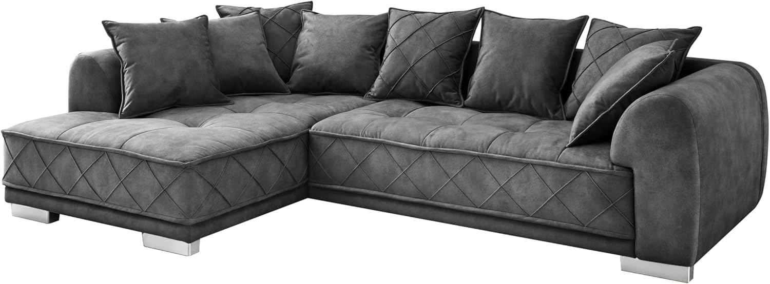 Stella Trading SENTINA Ecksofa in Samtoptik, Anthrazit - Moderne Eckcouch in L-Form mit universell stellbarer Ottomane & dekorativer Steppung - 319 x 73 (90) x 194 cm (B/H/T)