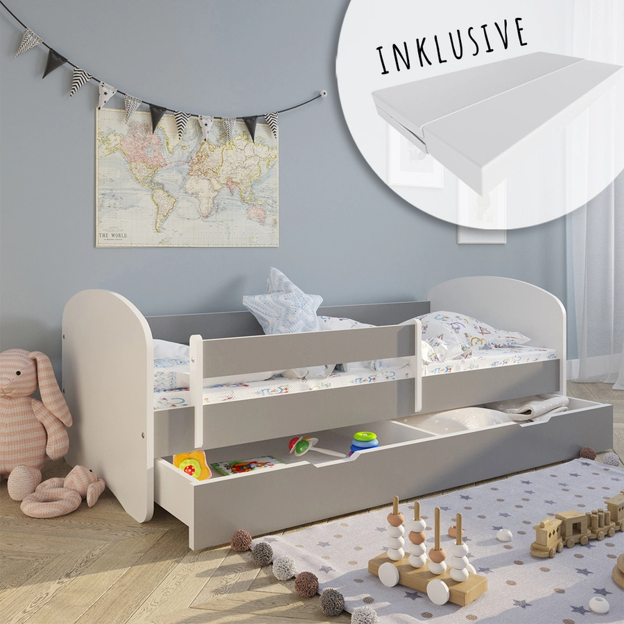 Kids Collective Kinderbett 80x160 | 80x180 mit Matratze, Rausfallschutz, Lattenrost grau mit Schublade