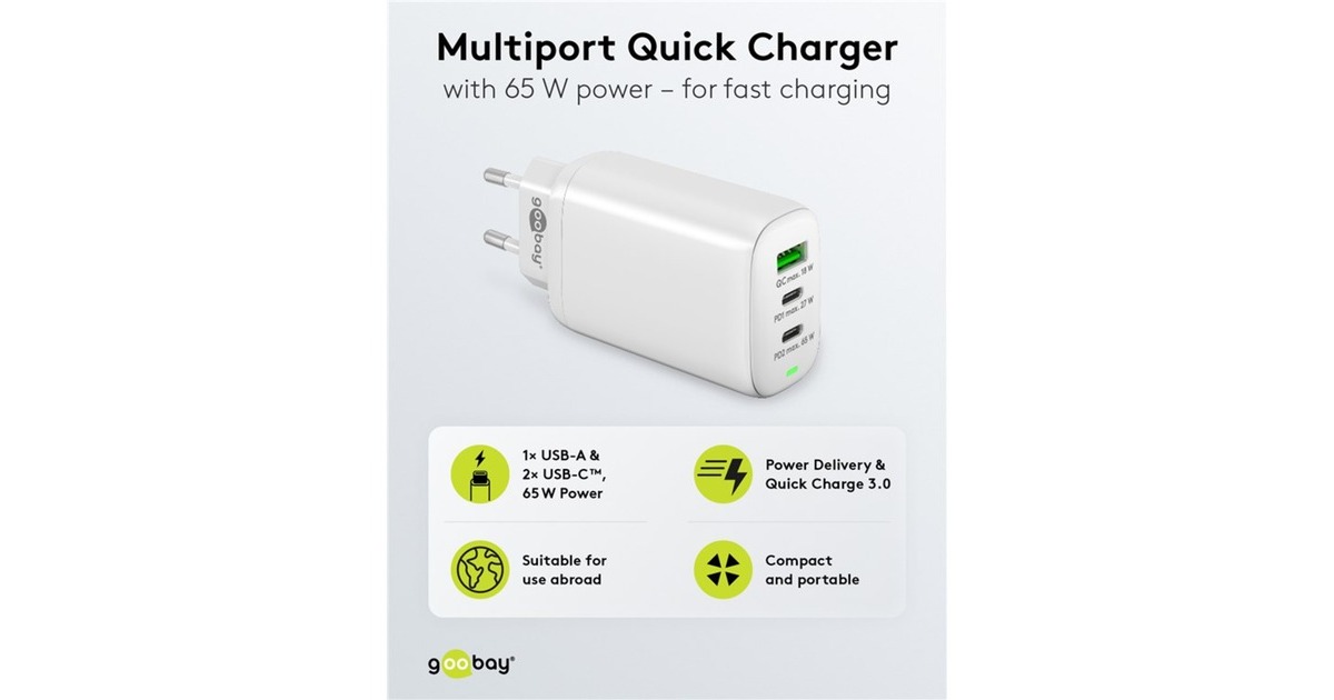goobayUSB-C PD GaN Multiport snellader (65 W)  (Wit, 2x USB-C, 1x USB-A, Power Delivery, QuickCharge)