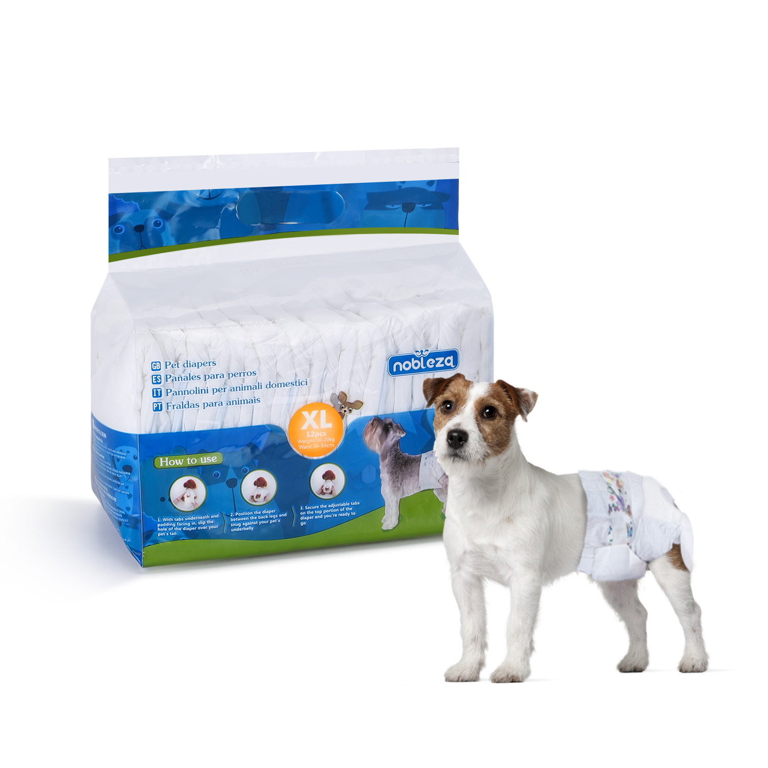 Nobleza 12 fraldas descartáveis para cadelas, ideais para treinamento, superabsorventes e para animais de estimação. Tamanho G.