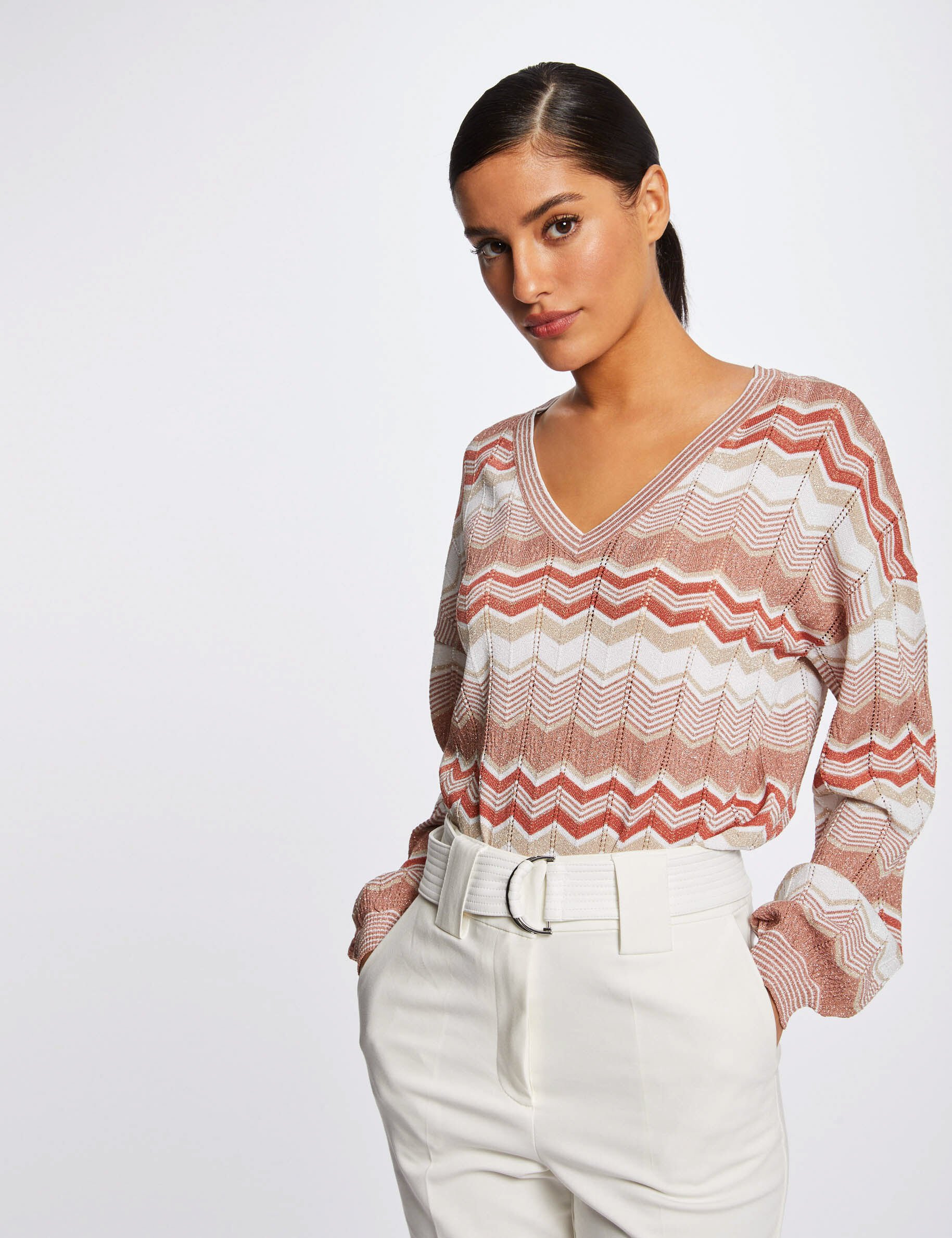 Pull manches longues imprimé chevron vieux rose femme - vieux_rose