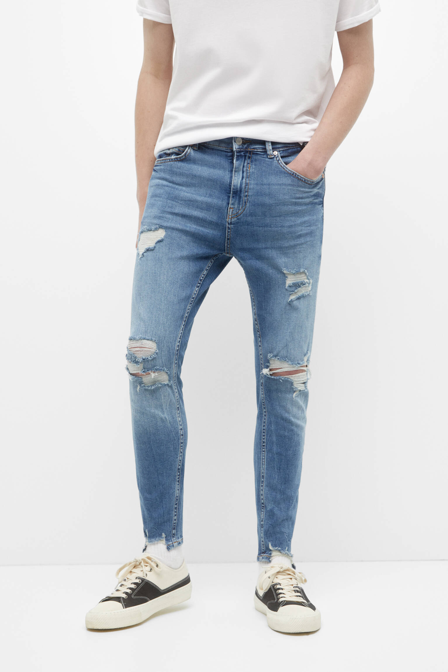 CALÇA JEANS CENOURA RASGADA - AZUL MÉDIO