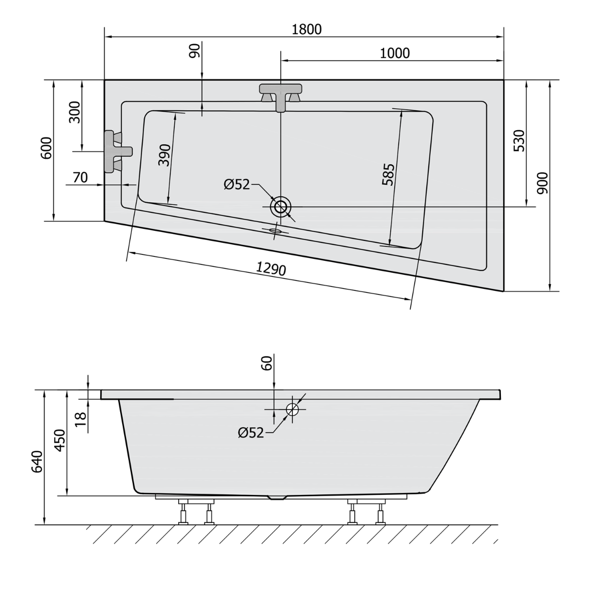 Polysan Andra Slim asymmetrisch bad rechts 180x90x45cm wit