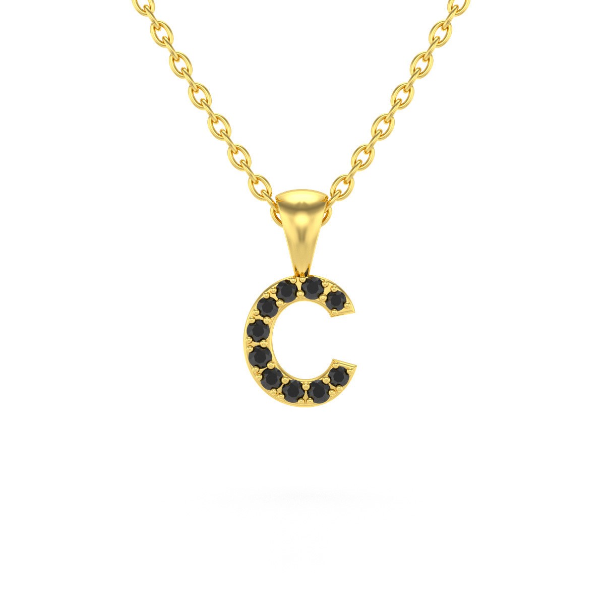 Collier Pendentif ADEN Lettre C Or 750 Jaune Diamant Noir Chaine Or 750 incluse 0.72grs