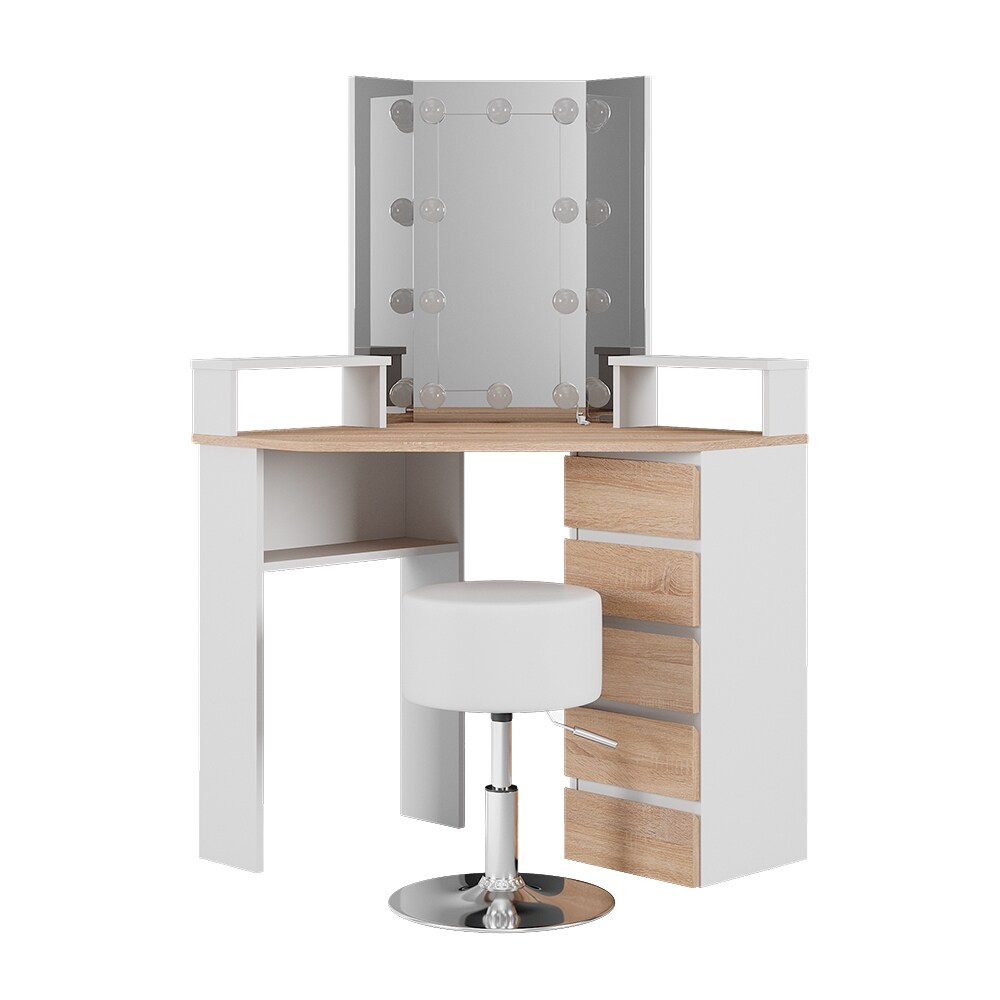 Vicco Eckschminktisch Frisiertisch Frisierkommode Tilda Weiß Sonoma Spiegel LED Hocker 110x140 cm modern Ablage