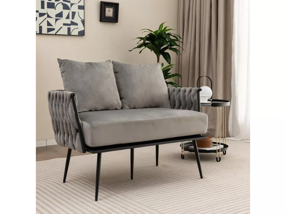 Canapé 2 Places en Velours Hollandais, Fauteuil de Salon pour 2 Personnes avec 2 Oreillers, Design Scandinave avec 5 Pieds Métalliques, Dossier et Accoudoirs Tissés, Charge 160KG (Gris)