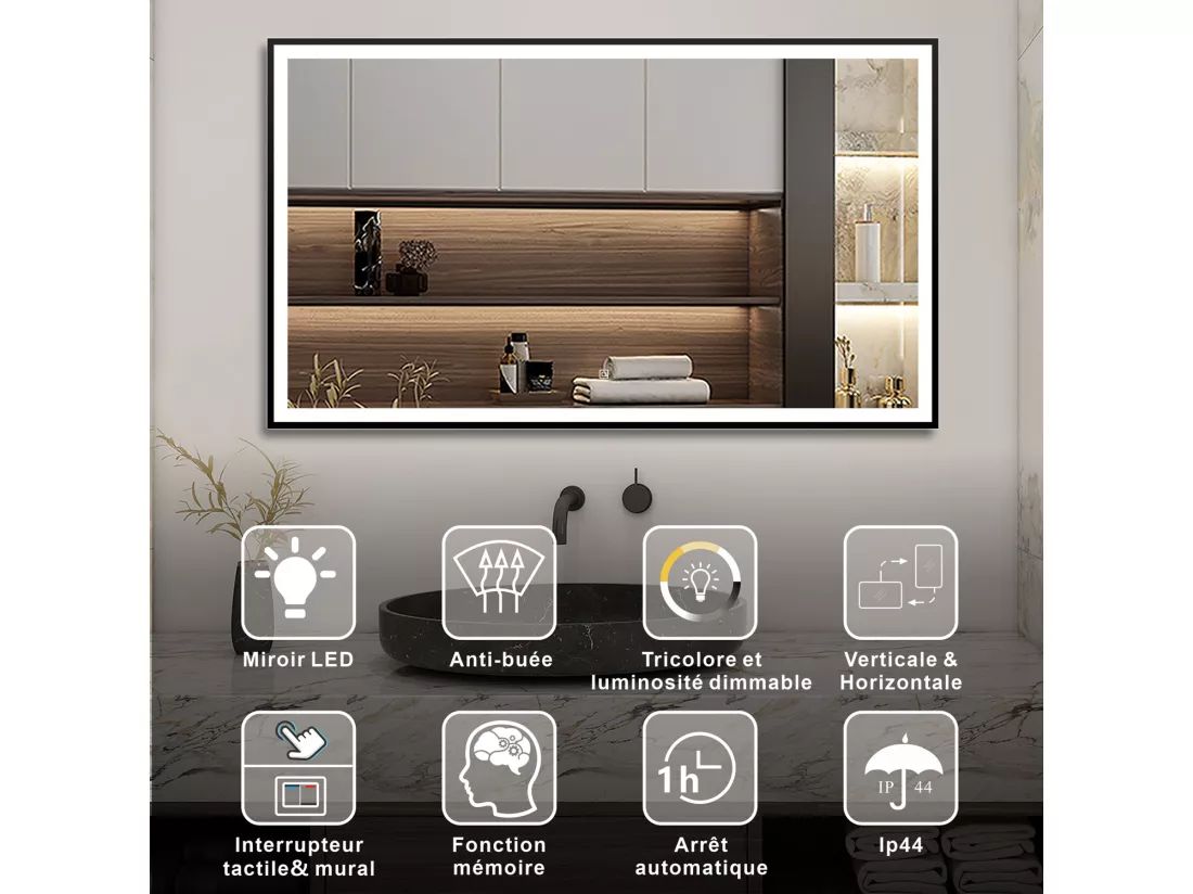 AICA Miroir lumineux 120x70 cm avec 3 couleurs + dimmable + anti-buée + mémoire, miroir salle de bain
