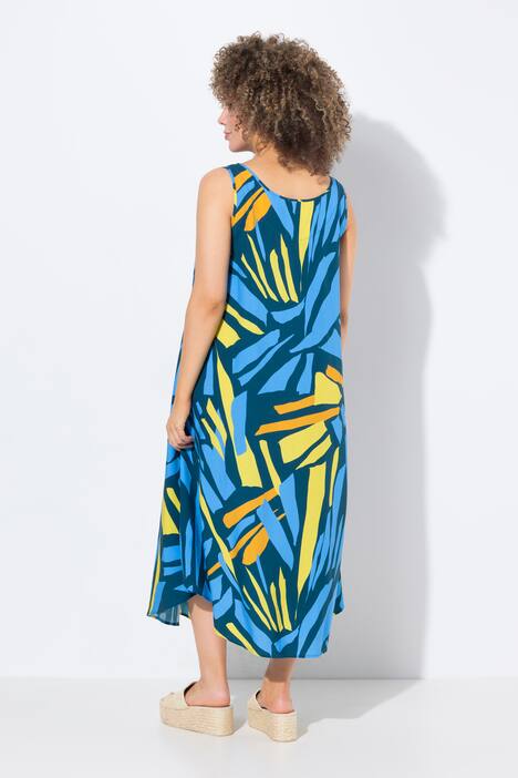 Midikleid, abstrakter Druck, A-Linie, Rundhals, ärmellos, kapitänsblau