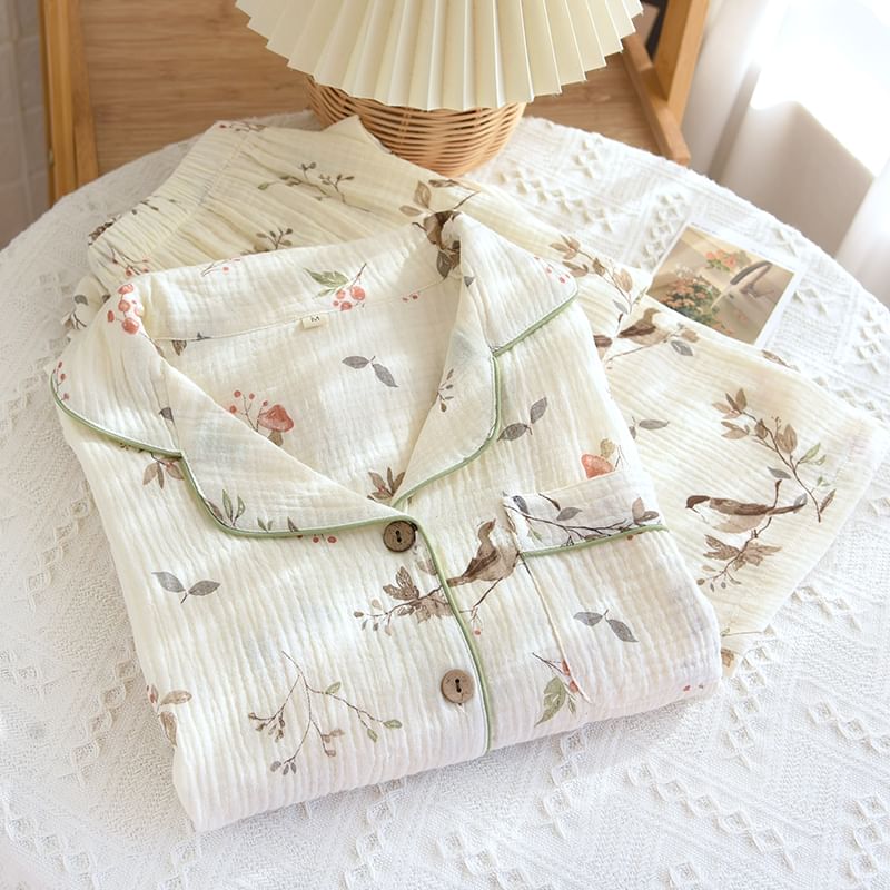 MelMount - Pyjamaset: overhemd met lange mouwen en bloemenprint + broek