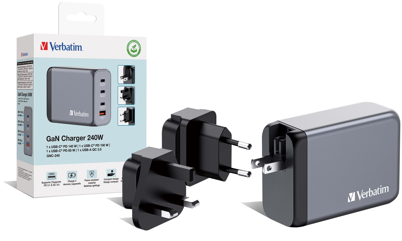 Verbatim - GNC-240 GaN Oplader 4 Port 240W USB-A/USB-C