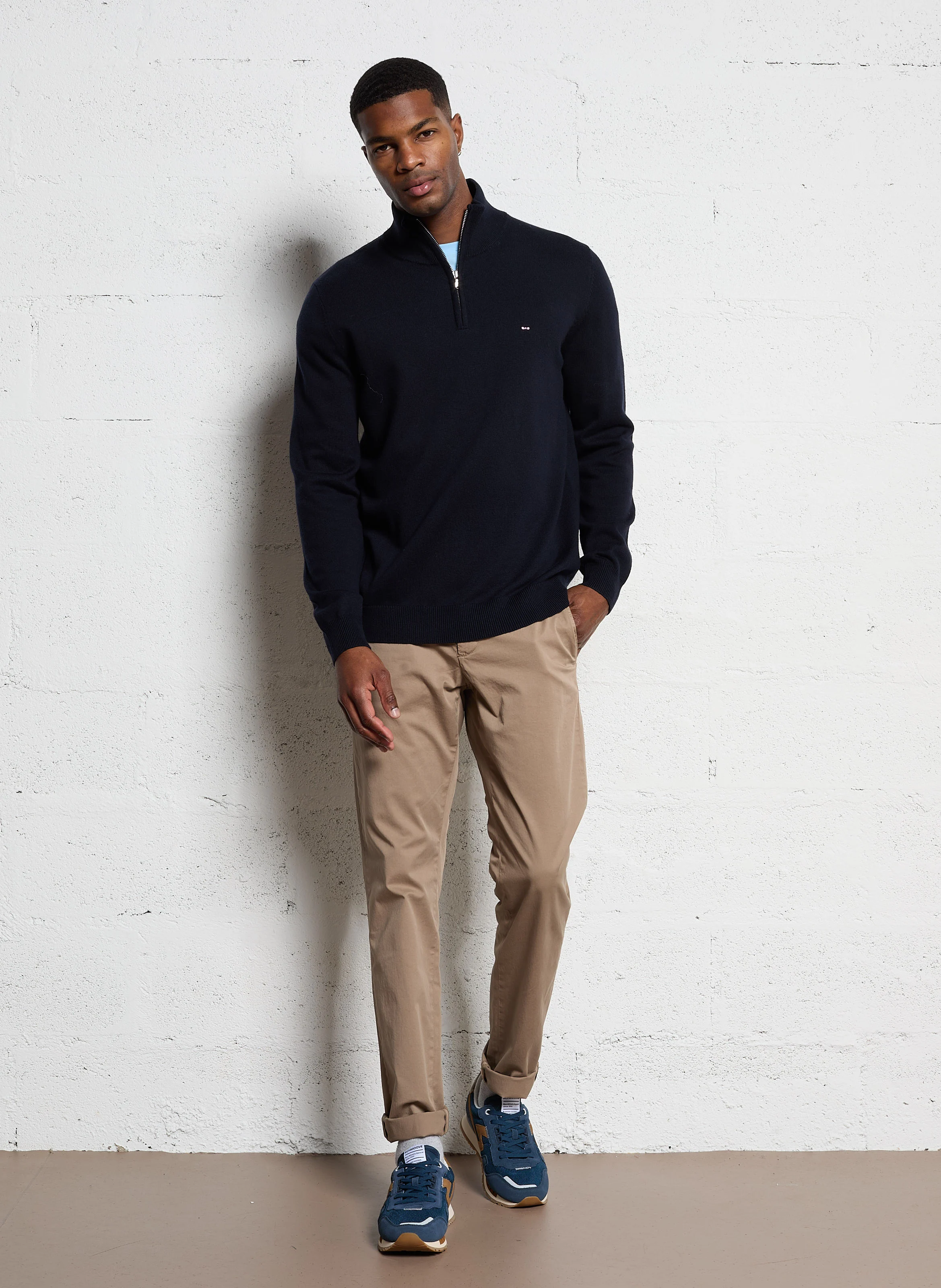 Pull droit en coton et laine | Bleu