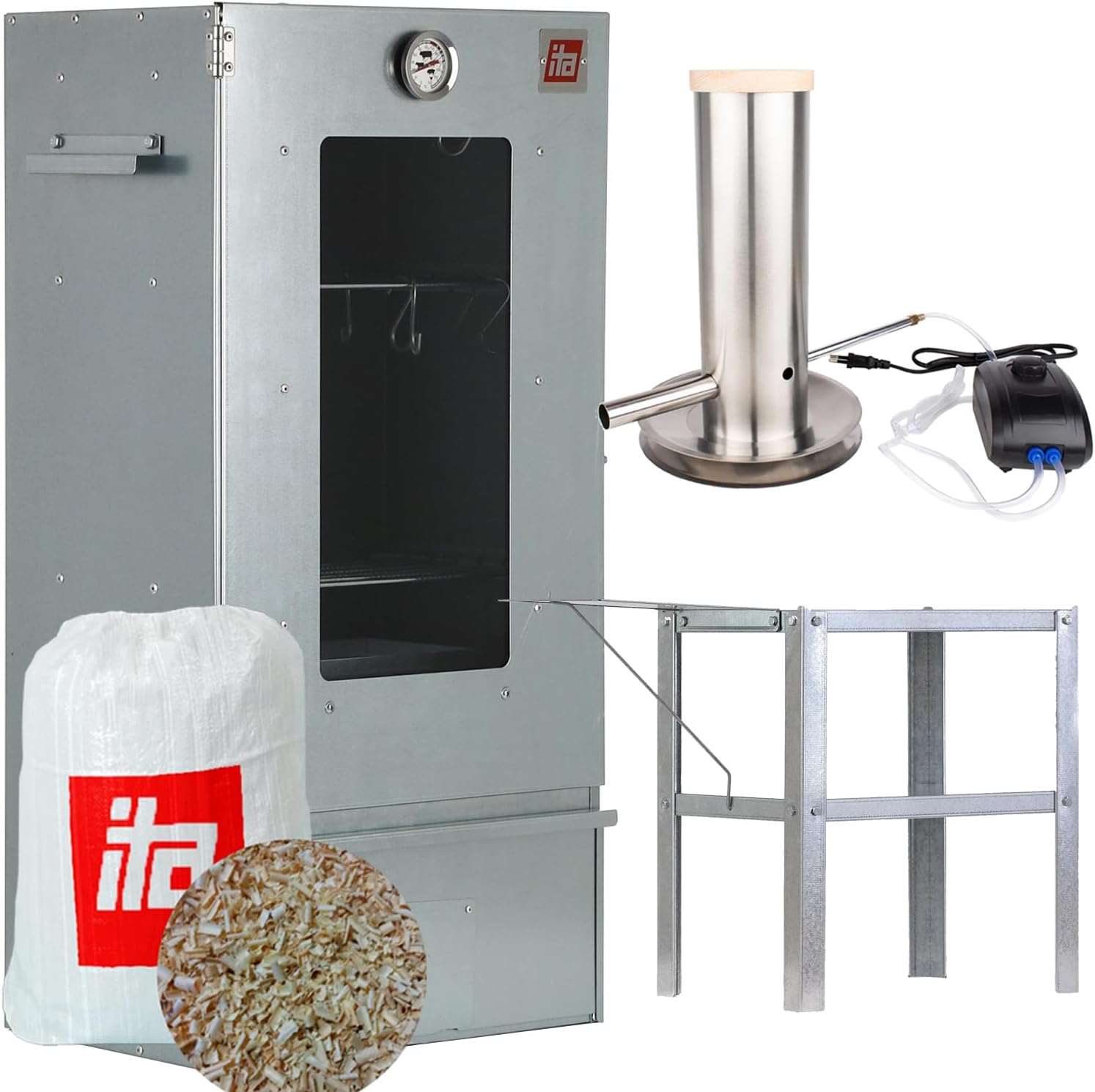 ITA Räucherofen 7002 - Smoker Set mit Rauchgenerator, Tisch - Räucherschrank mit Fenster & Thermometer - Edelstahl - EU Qualität, Direkt vom Hersteller - 81 cm mit 3 Etagen
