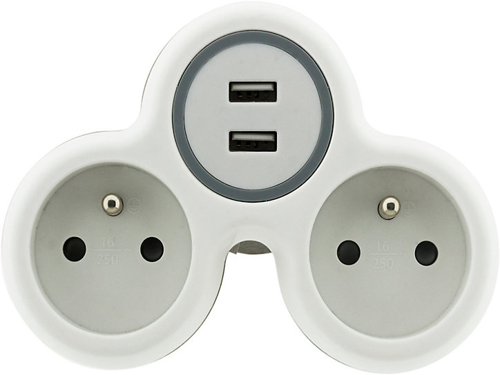 Multiprise 2 prises Diall 16A USB blanc/gris