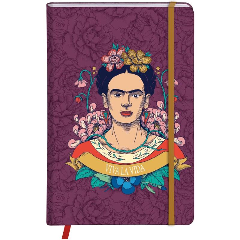 Frida Kahlo, Carnet rembordé rigide A6 10,5x14,8 cm, 160 pages, uni, marque page, fermeture élastique, ass.