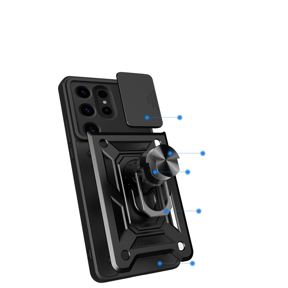 Samsung Galaxy S24 Ultra Hybrid Outdoor Hardcase Hülle mit Cam-Slider   Magnetischer Kickstand - Schwarz