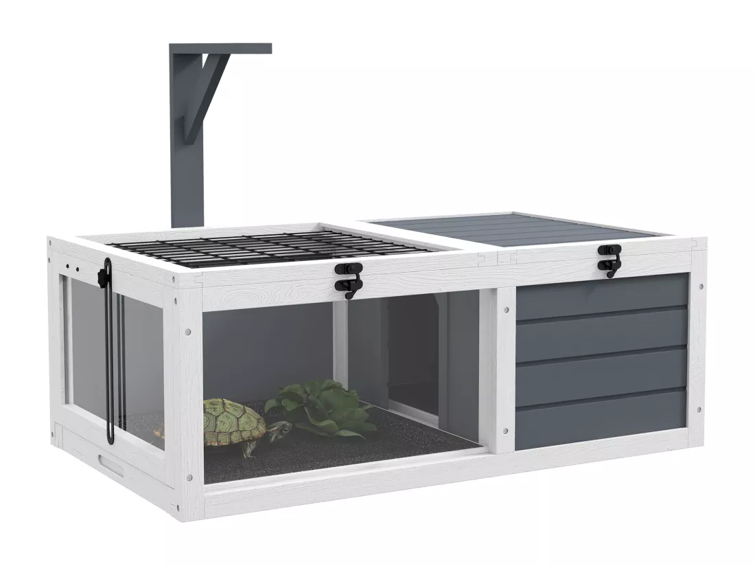 Maison enclos cage pour petit animal tortue avec 2 espaces bois gris