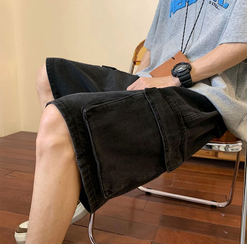 DuckleBeam - Mid Rise Washed Denim Cargo Shorts