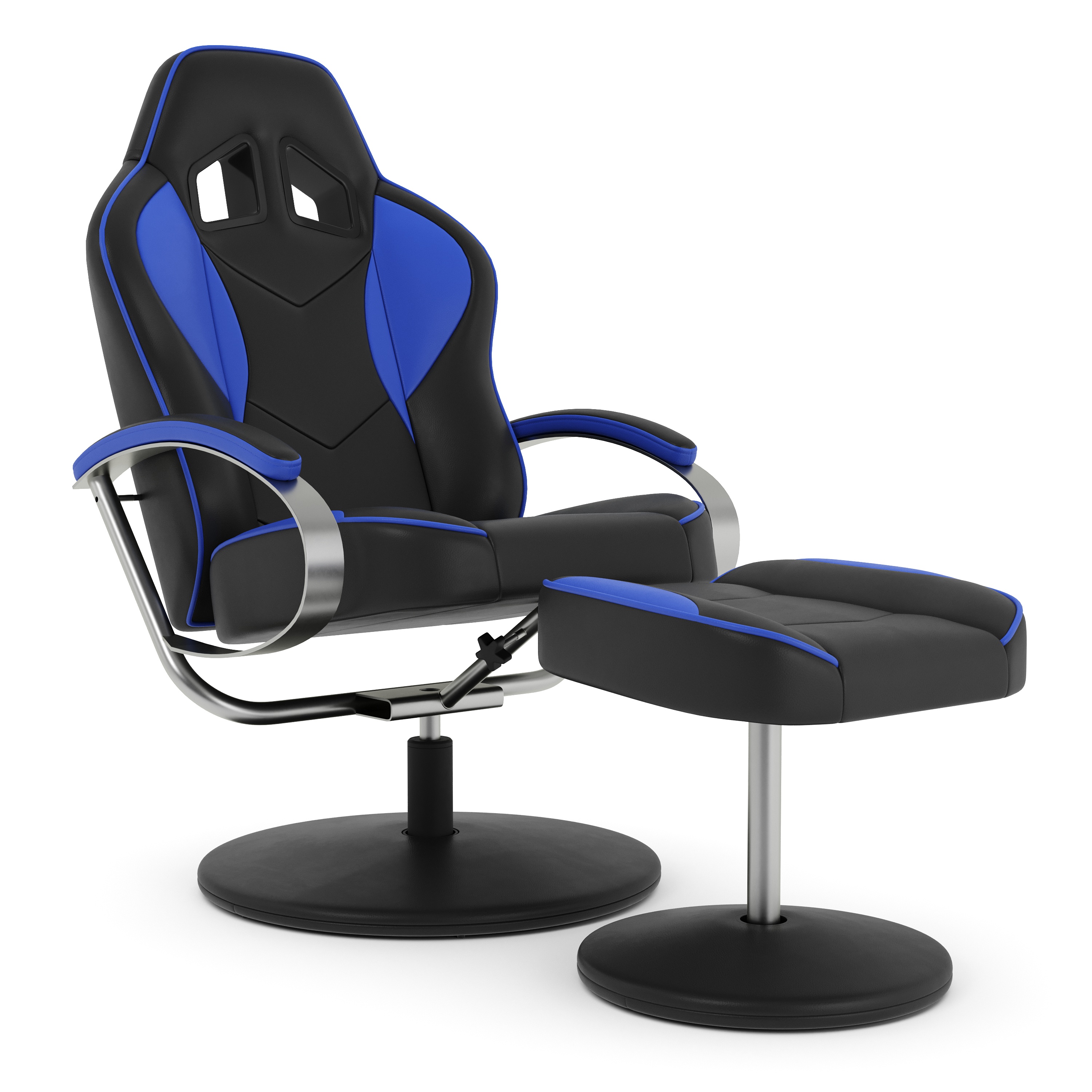 Fernsehsessel Leder mit Fusshocker blau/schwarz