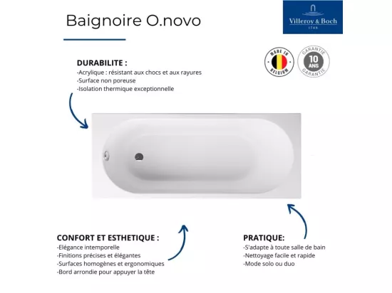 Baignoire droite 170 X 70 VILLEROY ET BOCH O Novo Solo acrylique