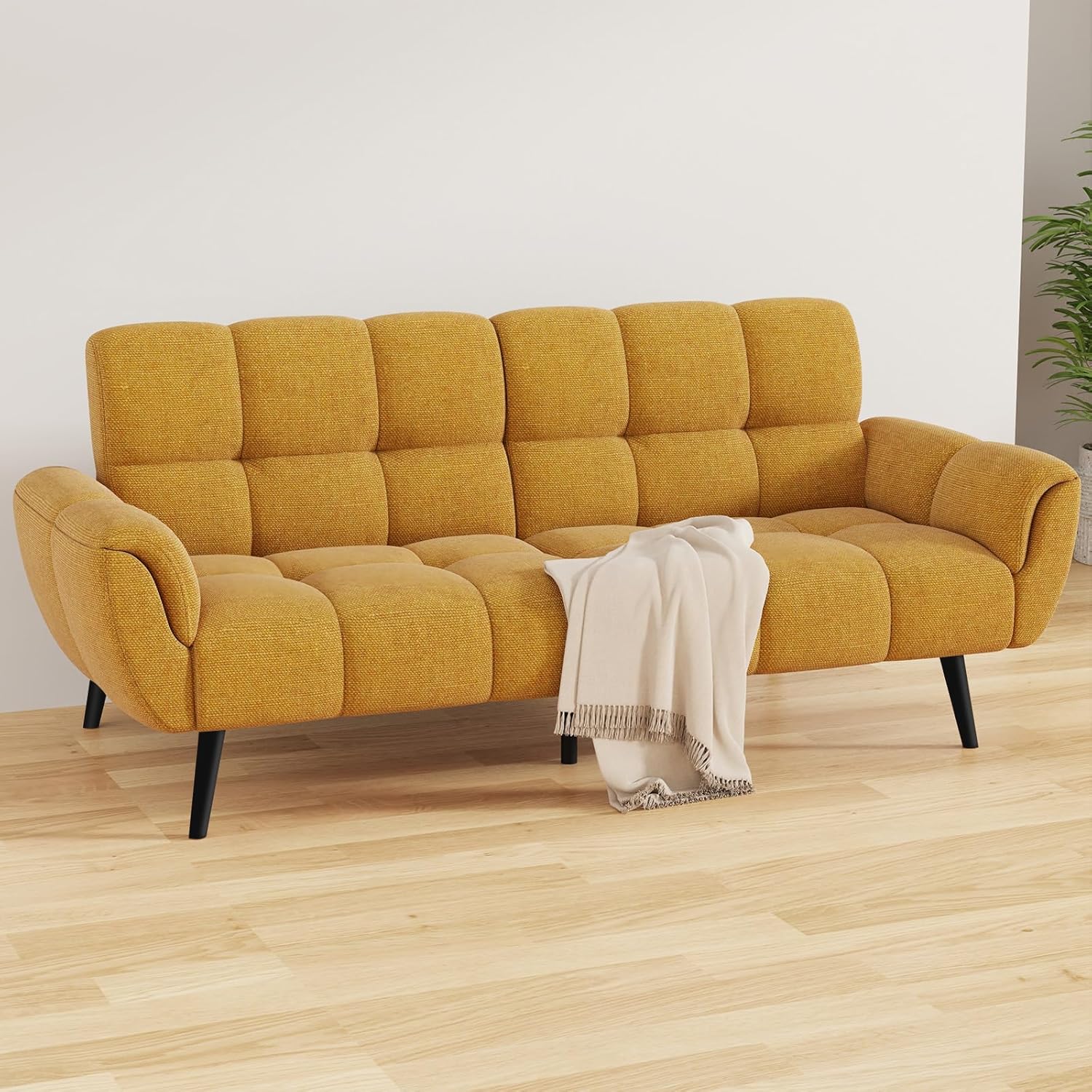Sofa Mit Schlaffunktion, Klappsofa Sofa 3 Sitzer, Schlafsofa 155x85cm, Bequemes Geeignet Für Wohnzimmer, Büro, Lounge, Zimmer, Schlafzimmer (Gelb)