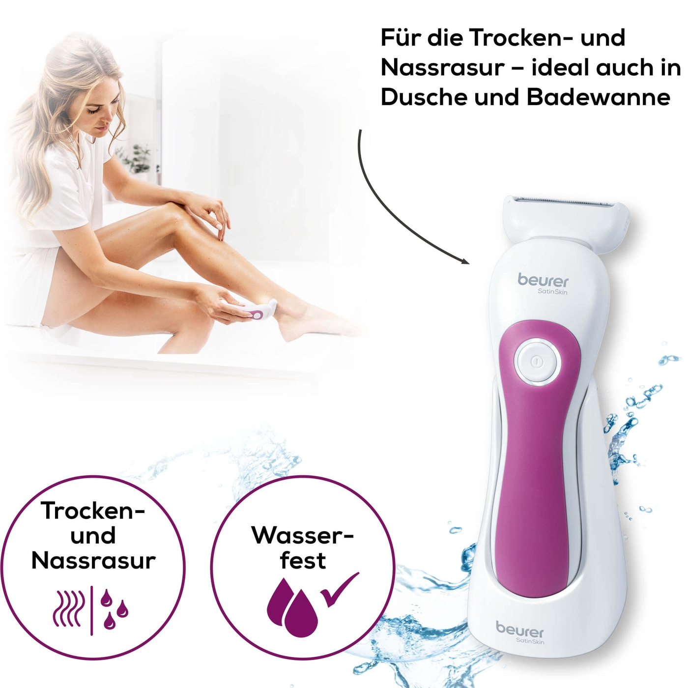HL 36 Elektrischer Damen Rasierer Wet & Dry mit Ladestation / Peeling- / Gleit- / Trimmaufsätzen (57613) - Weiss / Lila