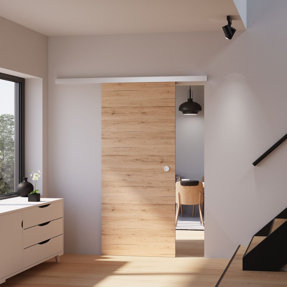 Houten schuifdeur, eiken, 880x2035 mm, binnendeur, houten deur, schuifdeursysteem - verzonken handgreep