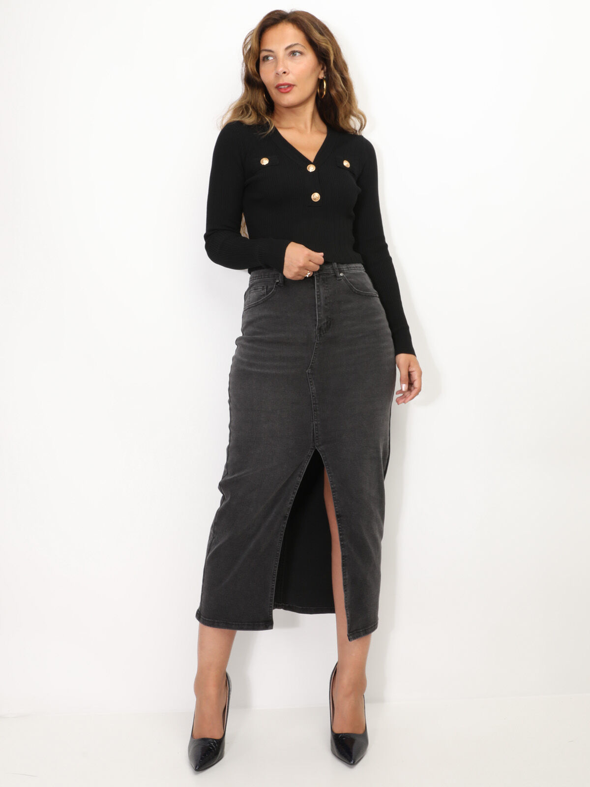 Jupe longue en denim fendue- Gris anthracite