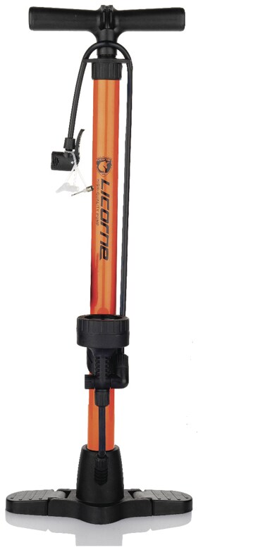 Licorne Bike Standpumpe, Klappbare Standfüße, Fahrradpumpe mit großem Manometer zur Druckanzeige, Dualkopf passend für alle Ventile (Dunlop Ventil, Französisches Ventil, Auto Ventil) (Orange)