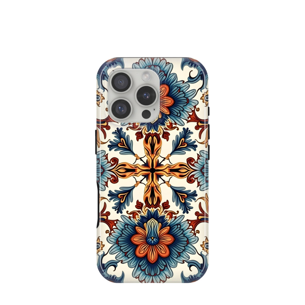 iPhone 16 Pro Hybrid (Kunststoff / Gummi) Hülle Majolika Blütenzauber - Braun