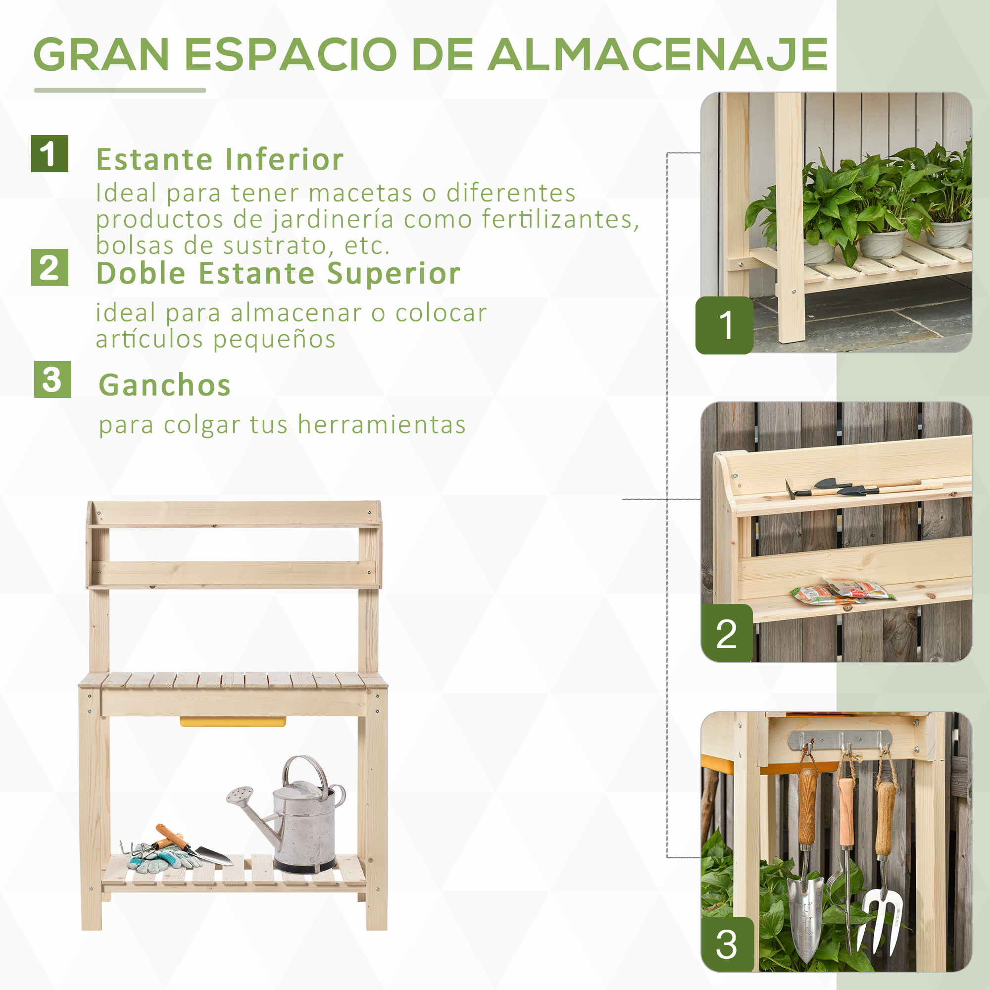 Mesa de madeira Outsunny para plantas, mesa para vasos de flores, mesa de trabalho com tampo deslizante, 3 prateleiras, ganchos, jardim, pátio, garagem, 100x40x140 cm, natural