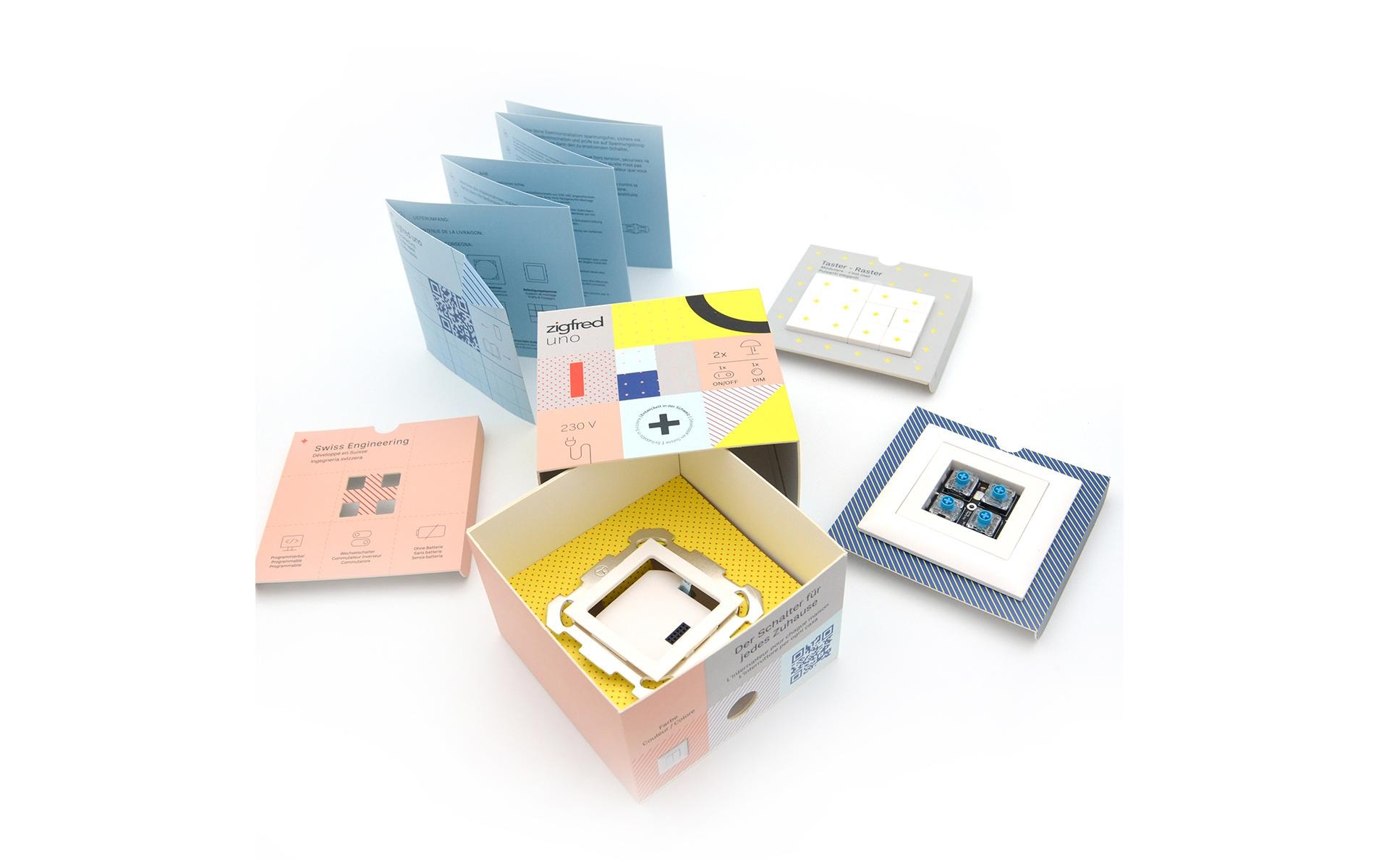 zigfred uno Komplett-Set Weiss<br>Unterputzeinheit, Montageplatte- und Abdeckrahmen EDIZIOdue 1 x 1, Tastenmodul und 1-4 Kunststofftasten