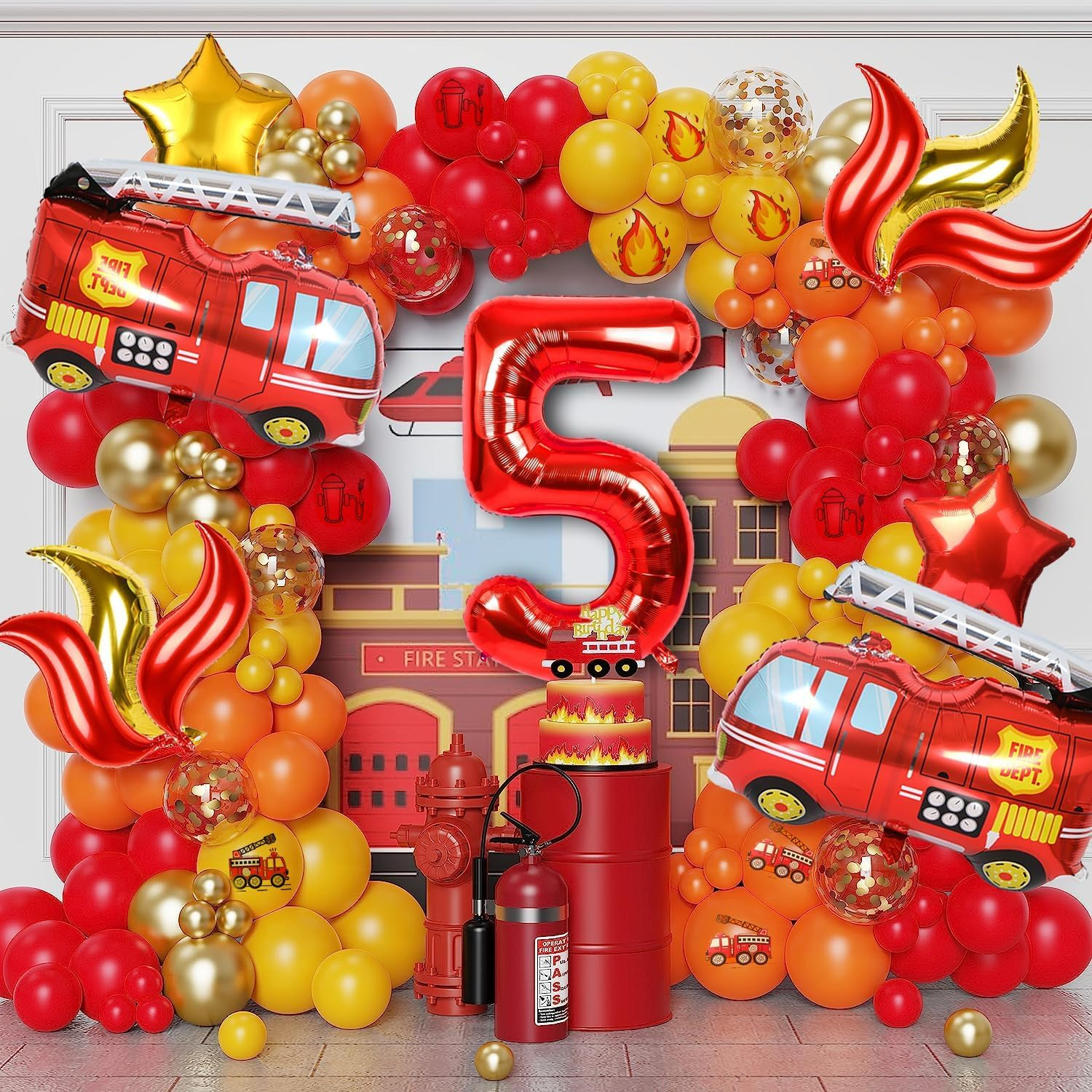 (21-tlg. Set) Zahlen Ballon Kinder Geburtstags Party Folienballon inkl. Latex Luftballons - Zahl 5 / Feuerwehr