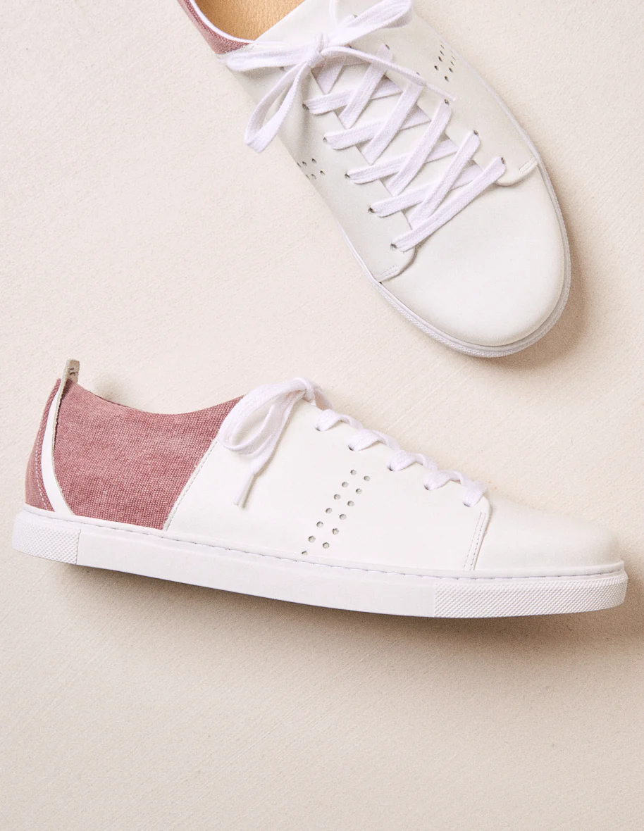 Baskets basses René - Cuir blanc et toile bordeaux