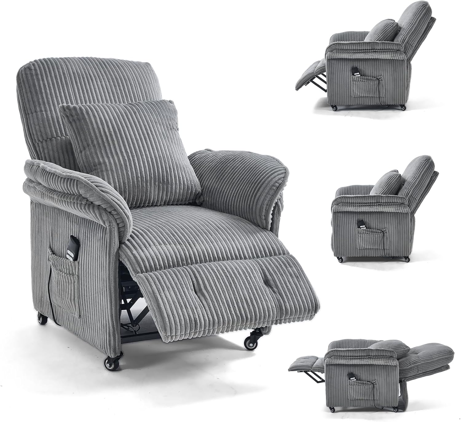 2 Motoren Elektrischer Relaxsessel, Fernsehsessel mit Liegefunktion, TV Sessel Wohnzimmer mit Rollen, Verstellbarer Rückenlehne & Fußstütze, 2 Seitentaschen, Cord Couch, Hellgrau