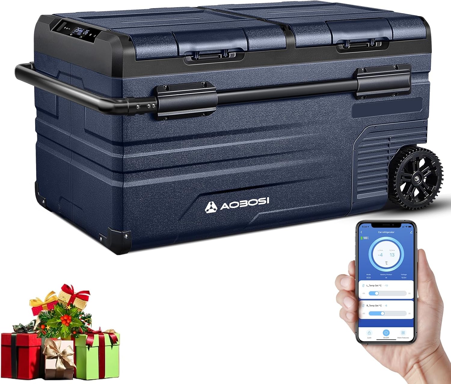 AAOBOSI 75L Kompressor Kühlbox Dual Zone, Kühlbox Auto Mit WIFI-APP-Steuerung USB-Anschluss, 12/24 V und 100-240 V kompressorkühlbox -20°C bis 20°C für Auto, Lkw, Boot, Reisemobil, Camping, Doppeltür