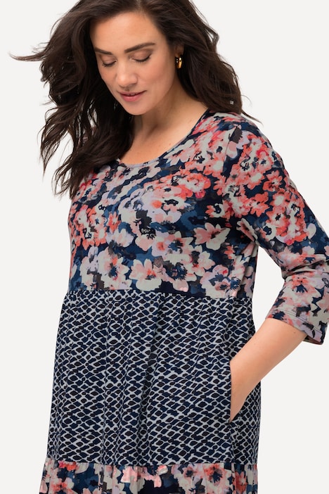 Midikleid, Musterstreifen, A-Linie, Rundhals, 3/4-Arm