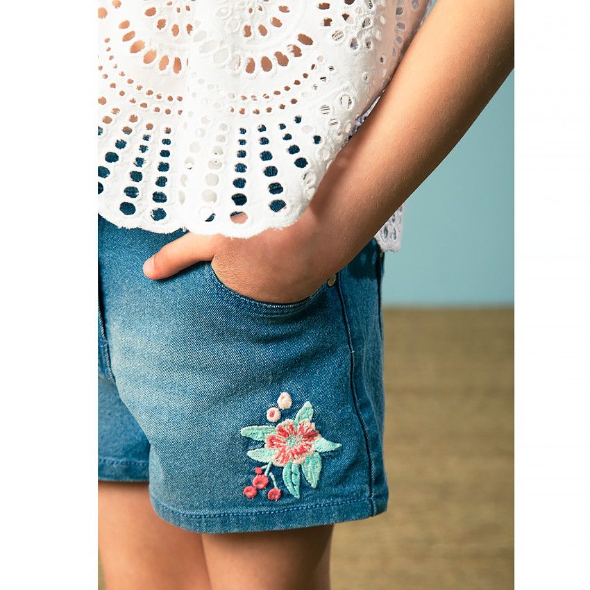 Top court en voile de coton et broderie anglaise pour fille - Blanc