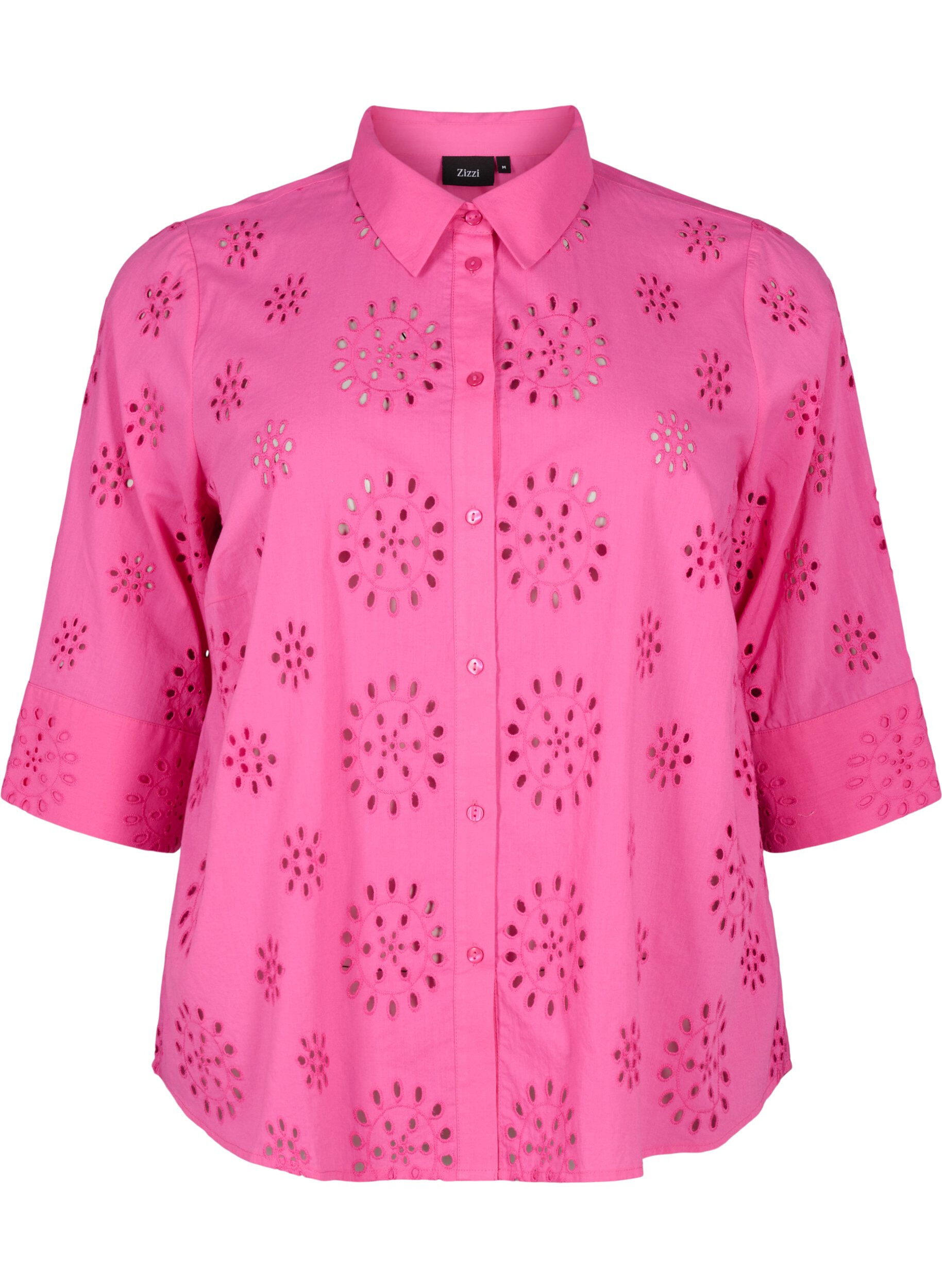 Skjortebluse med broderi anglaise og 3/4 ærmer