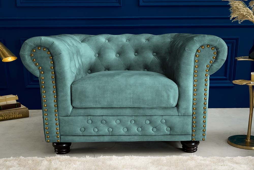 Barocker Sessel CHESTERFIELD petrol Samt Federkern goldene Nieten mit Knopfheftung