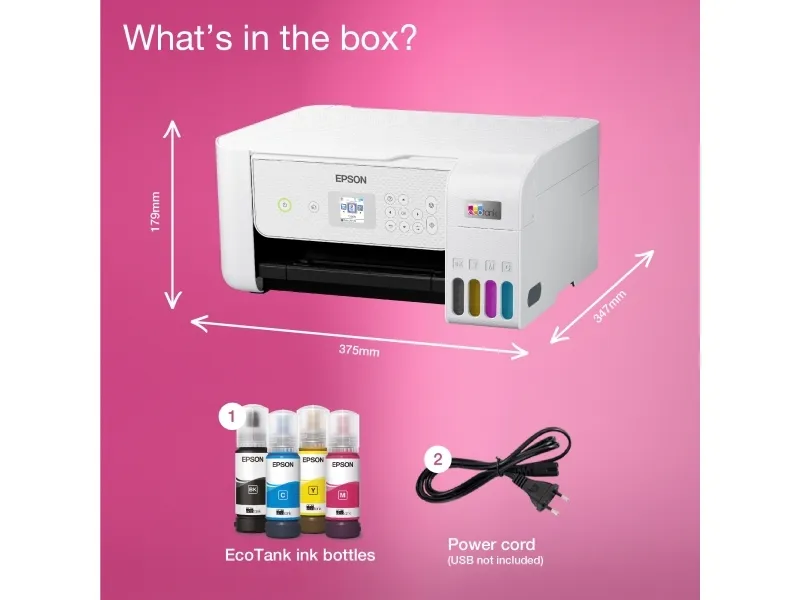 Epson EcoTank ET-2876 - Multifunktionsprinter - farve - blækprinter - ITS - A4 (medie) - op til 10 spm (udskriver) - 100 ark - Wi-Fi, USB - hvid