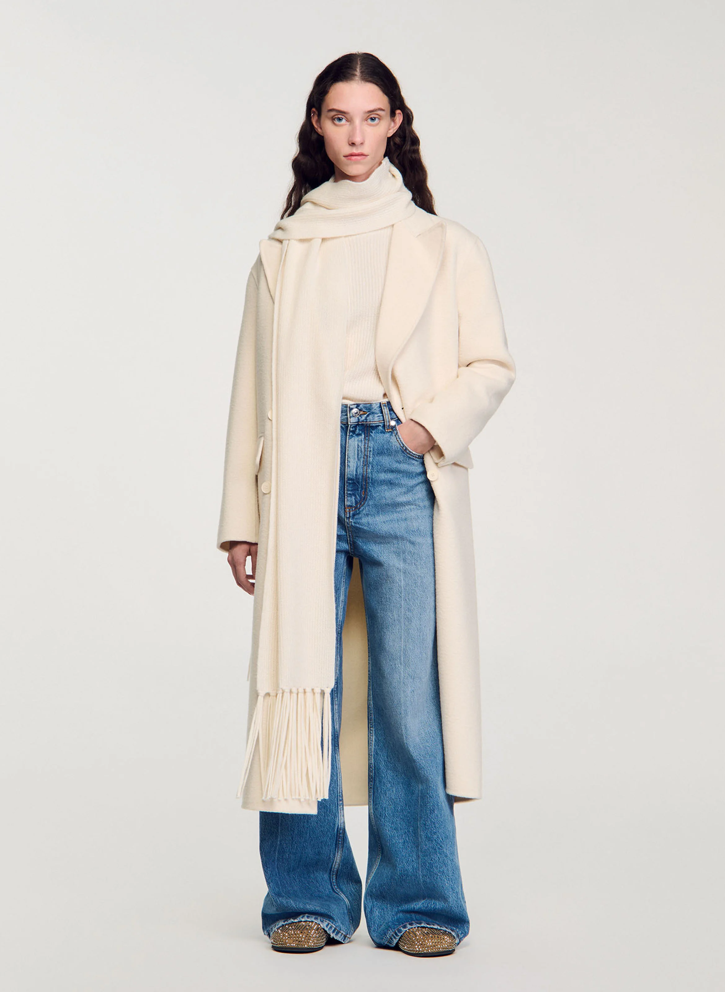 Long manteau col tailleur en laine mélangée | Blanc