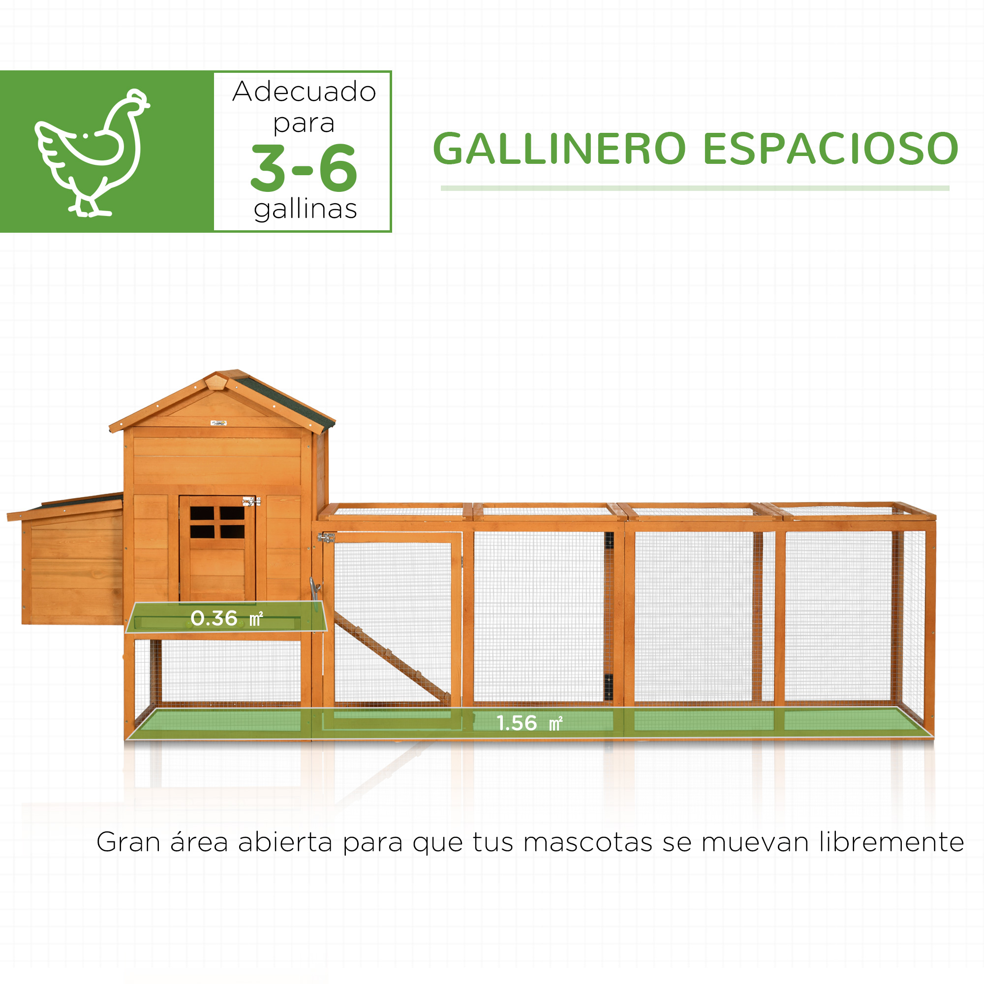 Galinheiro de madeira PawHut, 297,5 x 68 x 118 cm, gaiola grande para 3 a 6 galinhas com telhado de asfalto, cercado de metal, porta com trava, ninho, bandeja removível e rampa natural.