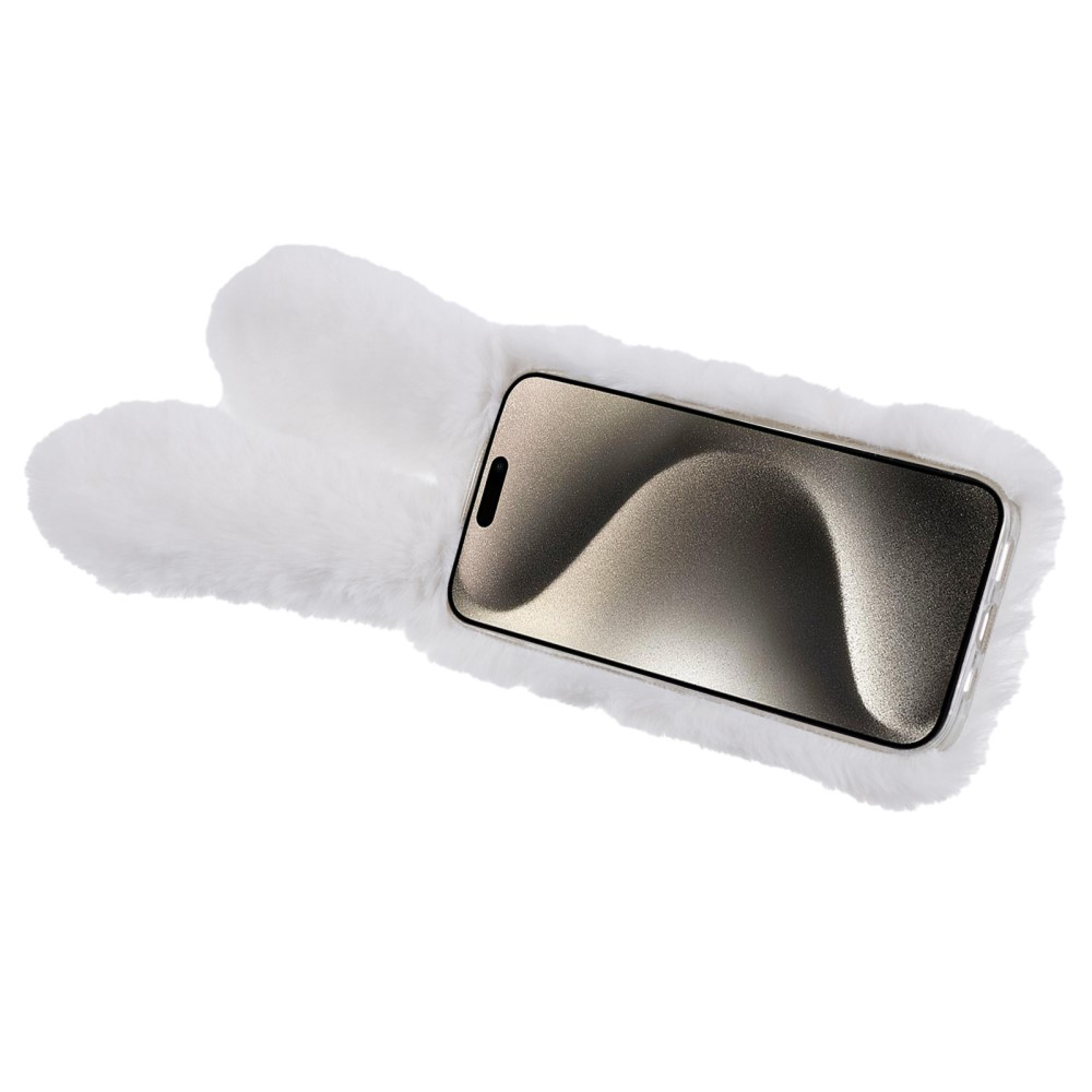 iPhone 15 3D Gummi Plüsch Case Hülle Bunny mit Flauschigen Hasenohren - Weiss