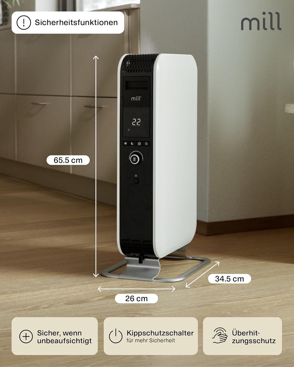 Mill Ölradiator Heizkörper 1500W, elektrische Heizung, bis zu 22 m², geräuschlose Elektroheizung energiesparend, sicherer Elektroheizkörper mit Tag-Nacht Programm, Radiator Heizung elektrisch weiß