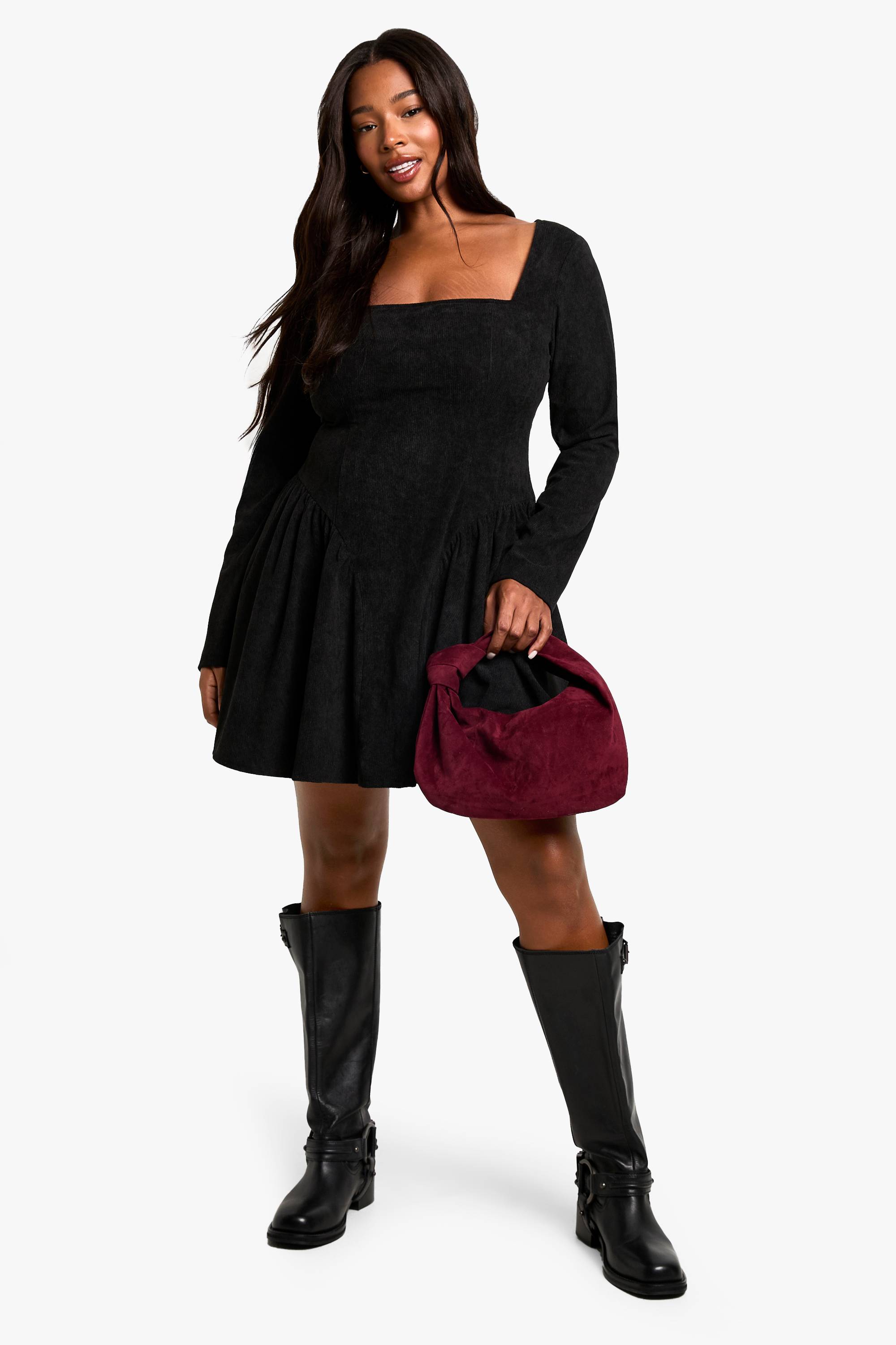 boohoo Robe skater milkmaid en velours côtelé grande taille