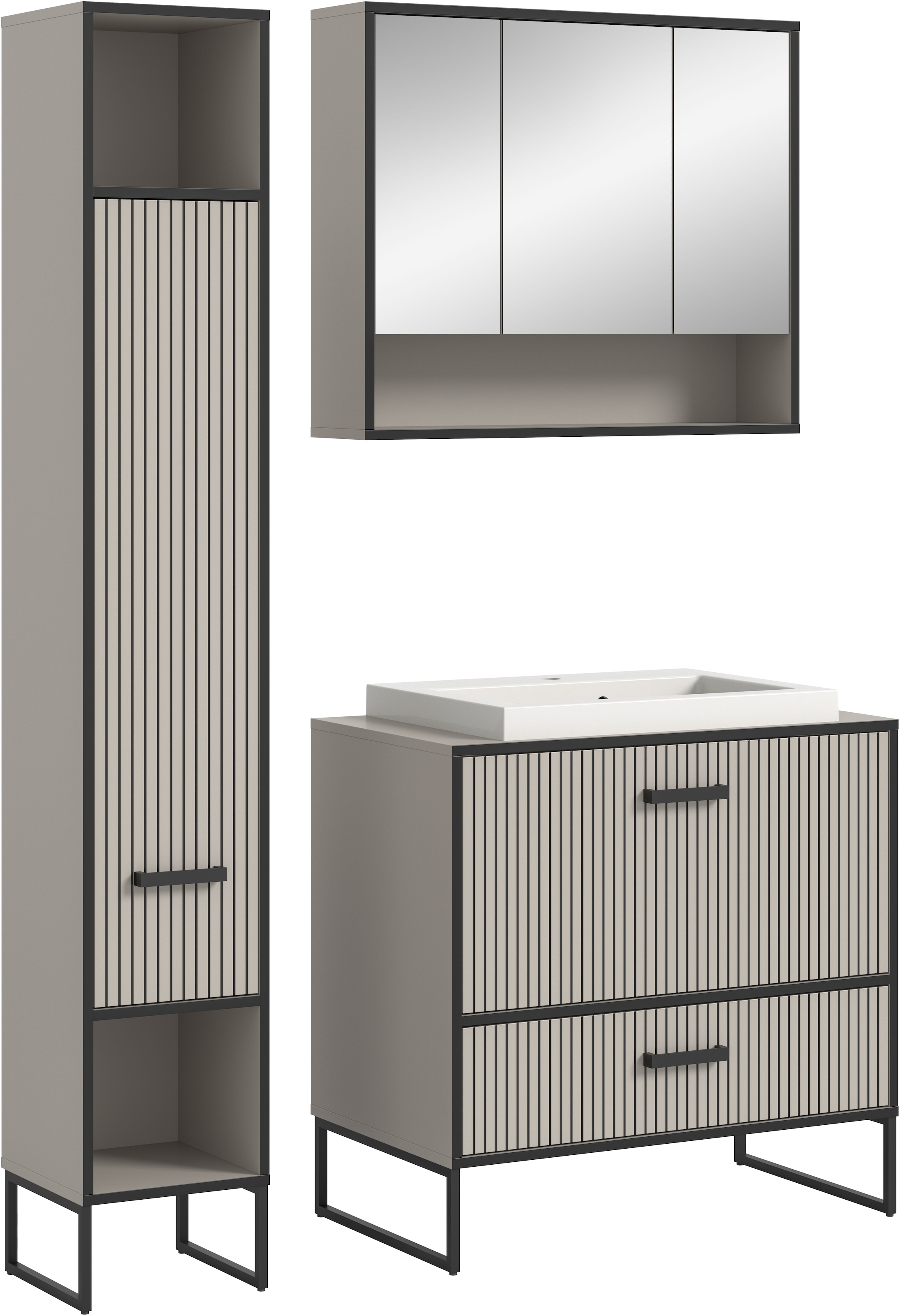 welltime Badmöbel-Set »Locri, Breite 125 cm, Rillenoptik, Metallkufen« 3 Stk. tlg.