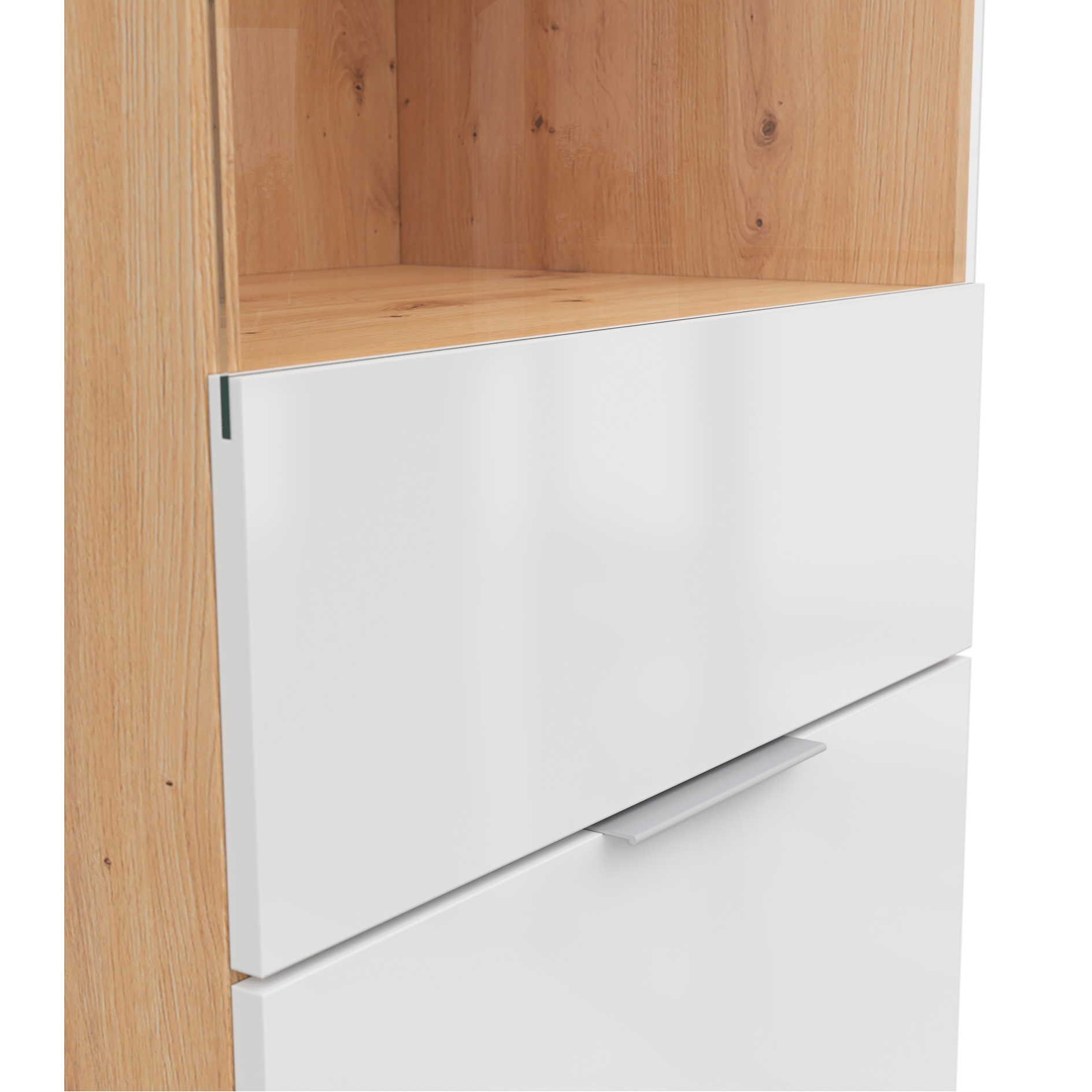 Standvitrine - weiß Glanz - Artisan Eiche - 195 cm hoch